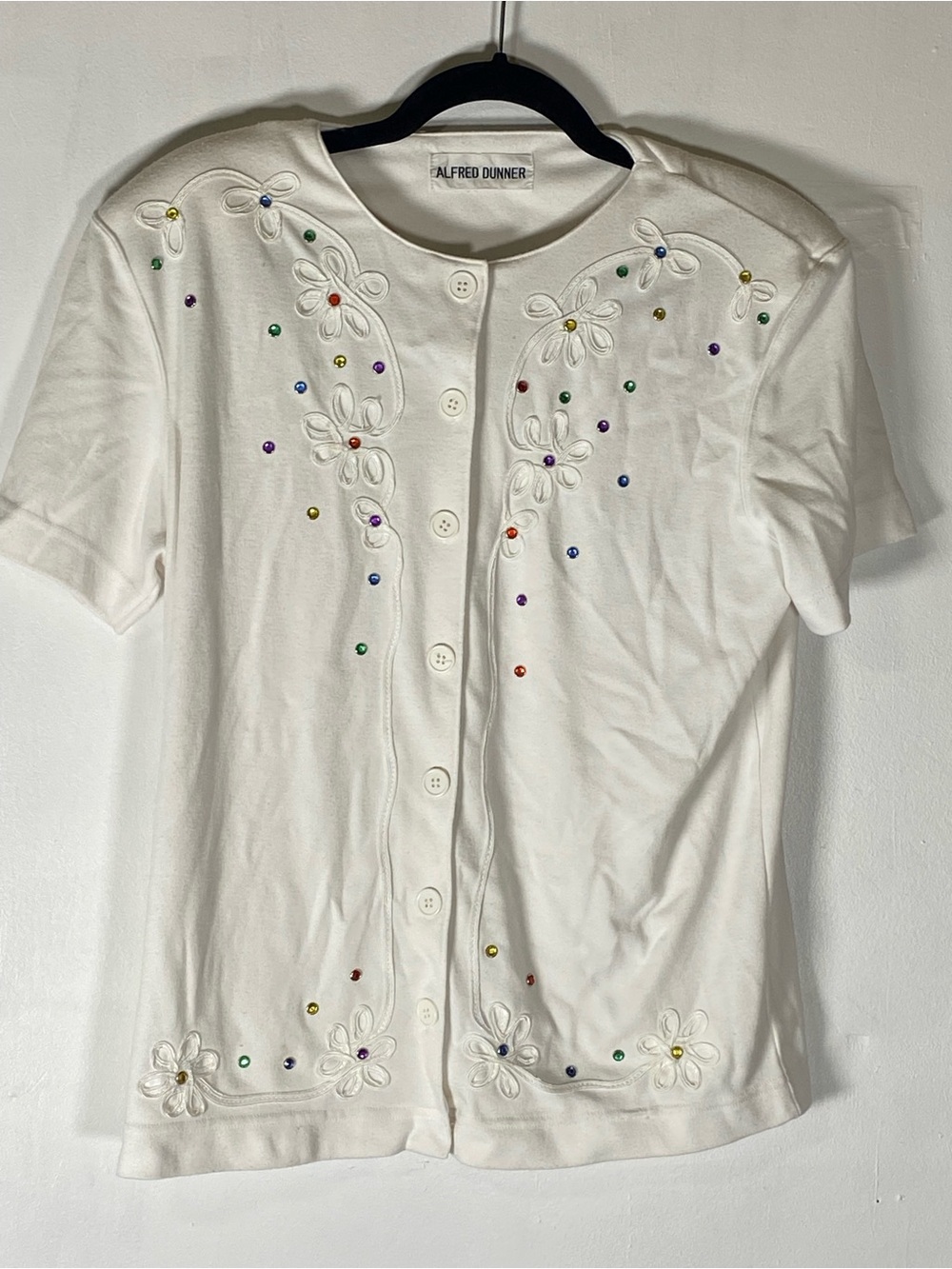 Vintage 90s Jeweled Embroidered Cardigan White Floral Gem Button Top Grandma L